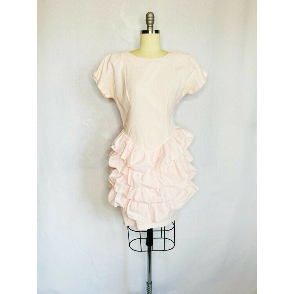Pink Vintage 80s Dress Cotton Tiered Ruffle Party Dress USA Made Cotton